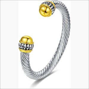 Silver and Gold Plated Base Metal Cuff Bangle with Twisted Cable Design